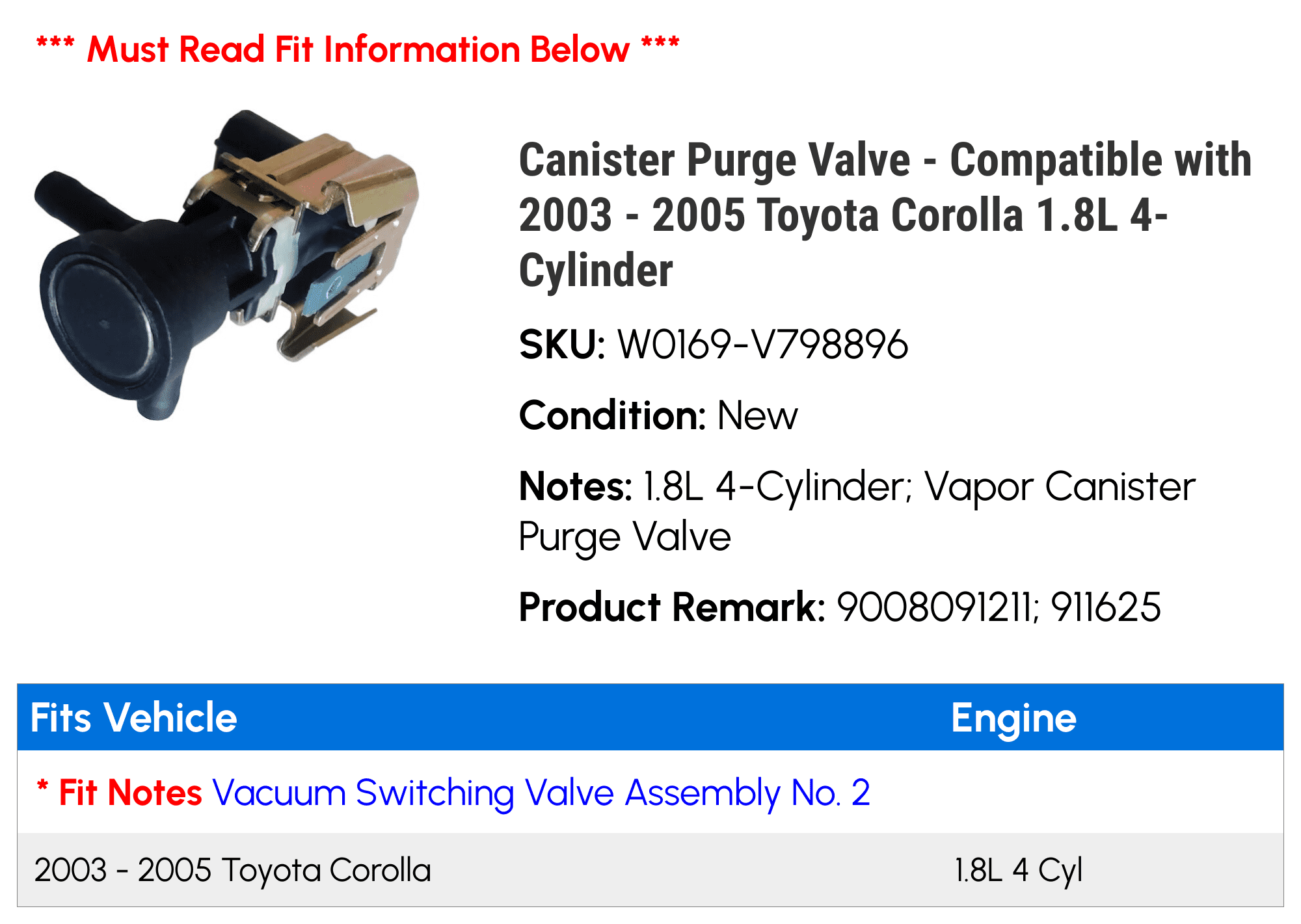 Canister Purge Valve - Compatible with 2003 - 2005 Toyota Corolla 1.8L 4-Cylinder 2004