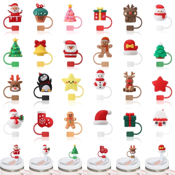 Topekada 24PCS 3D Christmas Straw Cover Cap for Cup, Xmas Silicone Straw Topper Compatible with 30&40oz Tumbler with Handle,10mm 0.4in Dust-Proof Reusable Straw Tips Lids for Christmas Gifts