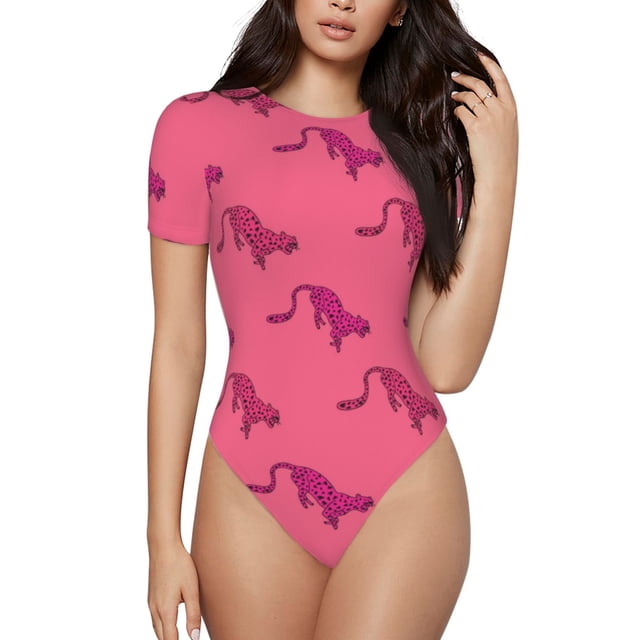 Fotbe Leopard Print Body de Mujer con Cuello Redondo y Mangas Cortas, Sin Mangas Ajustado, Suave, Cómodo y Básico-Large