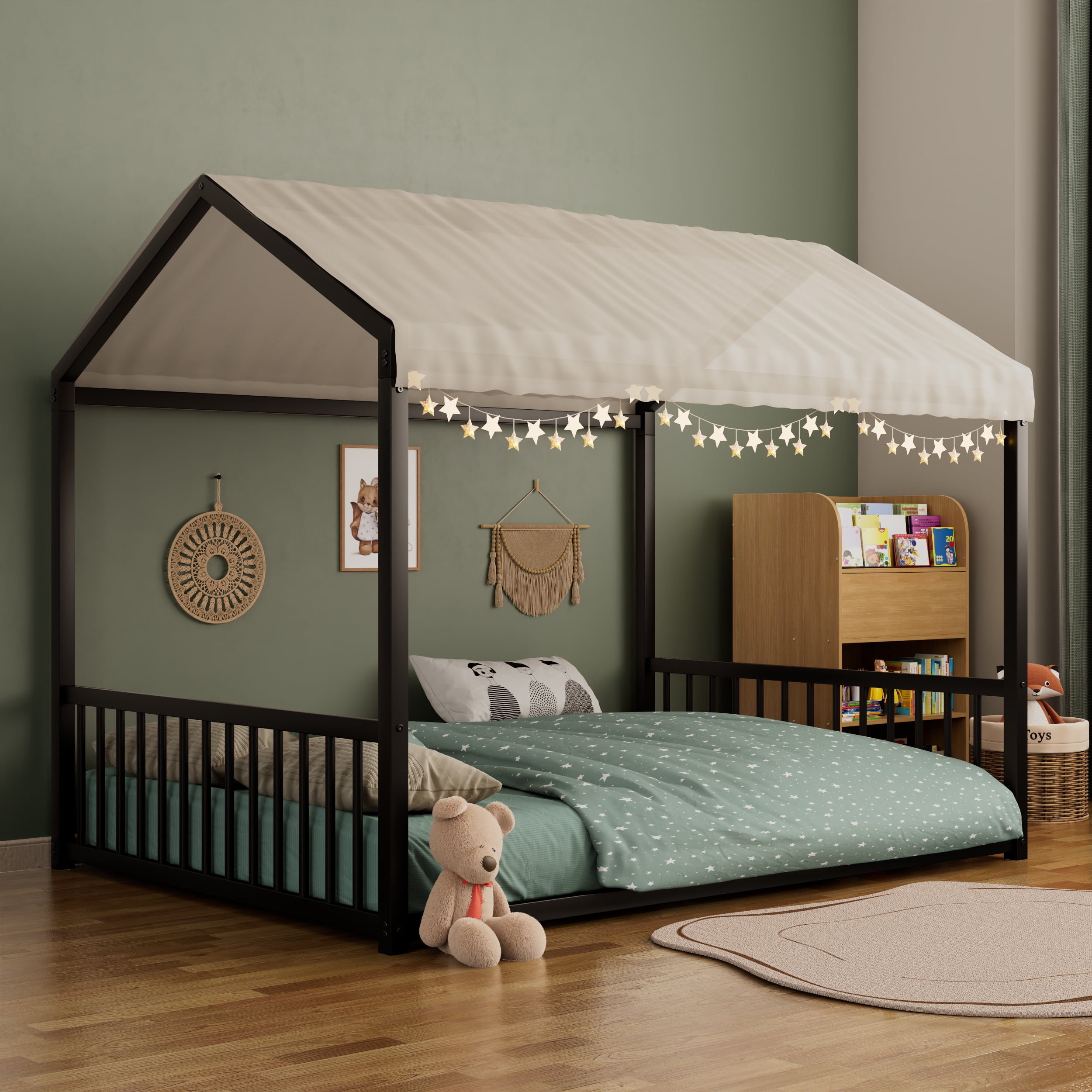 Euroco Metal Full Size Canopy Bed, Low Profile House Bed with Guardrails, Black