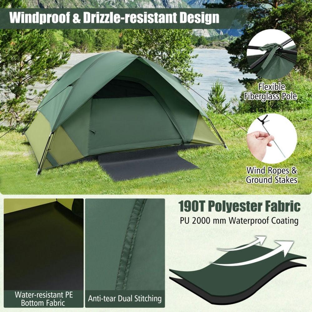 GVN Camping Tent, Tent,2-person Camping Tent w/ Removable Rain Fly and Double-layer Door-Green