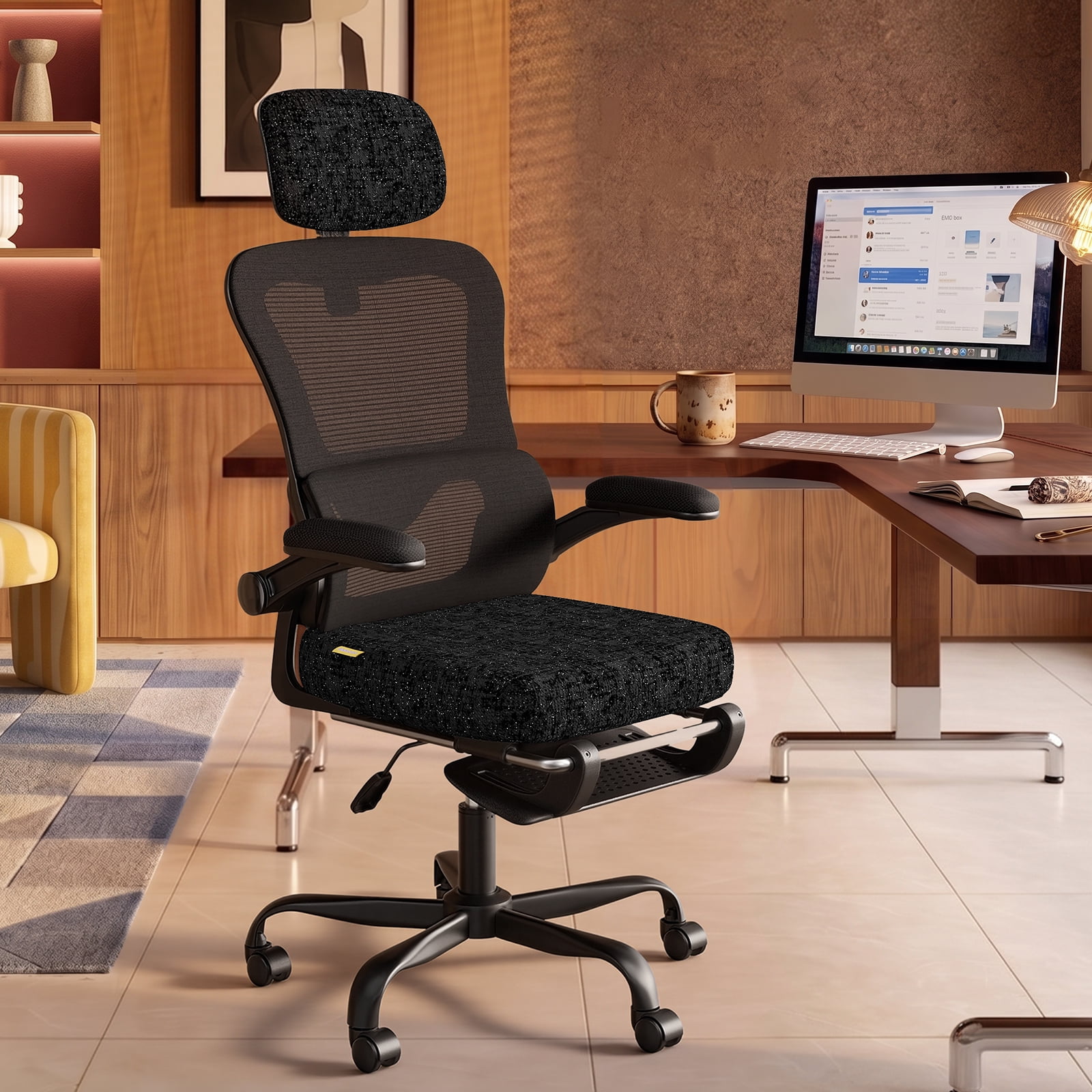Pinmoco Ergonomic Office Chair with Footrest, High Back Mesh Desk Chair with Flip-up Arms and Lumbar Support, Starry Black