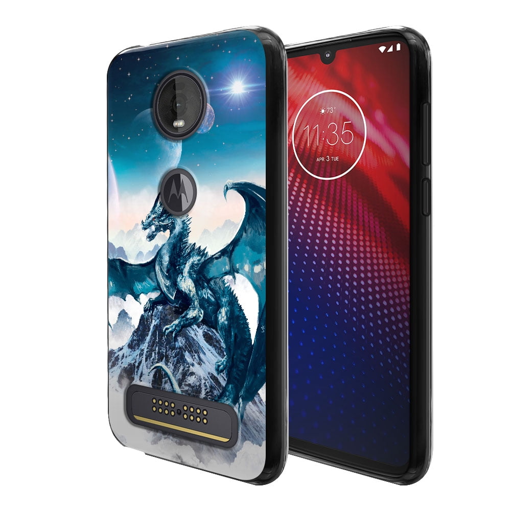 FINCIBO Soft TPU Black Case Slim Cover for Motorola Moto Z4 6.4", Blue Ice Dragon