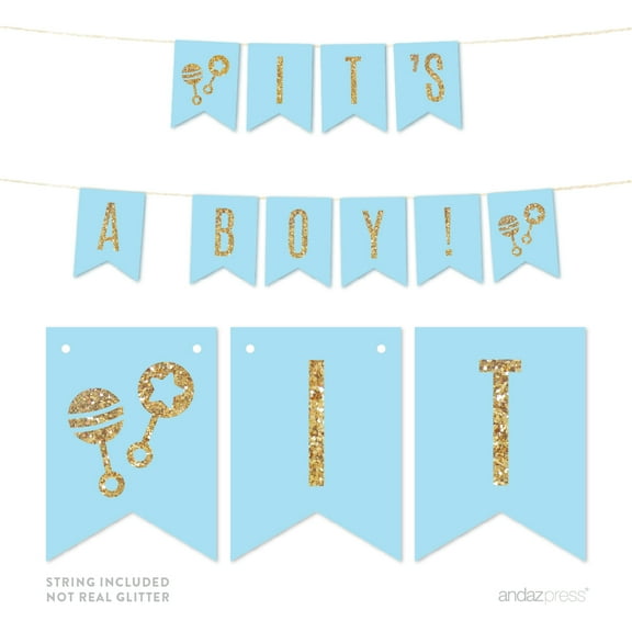 Baby Blue Gold Glitter It´s A Girl/It´s A Boy Hanging Pennant Party Banner