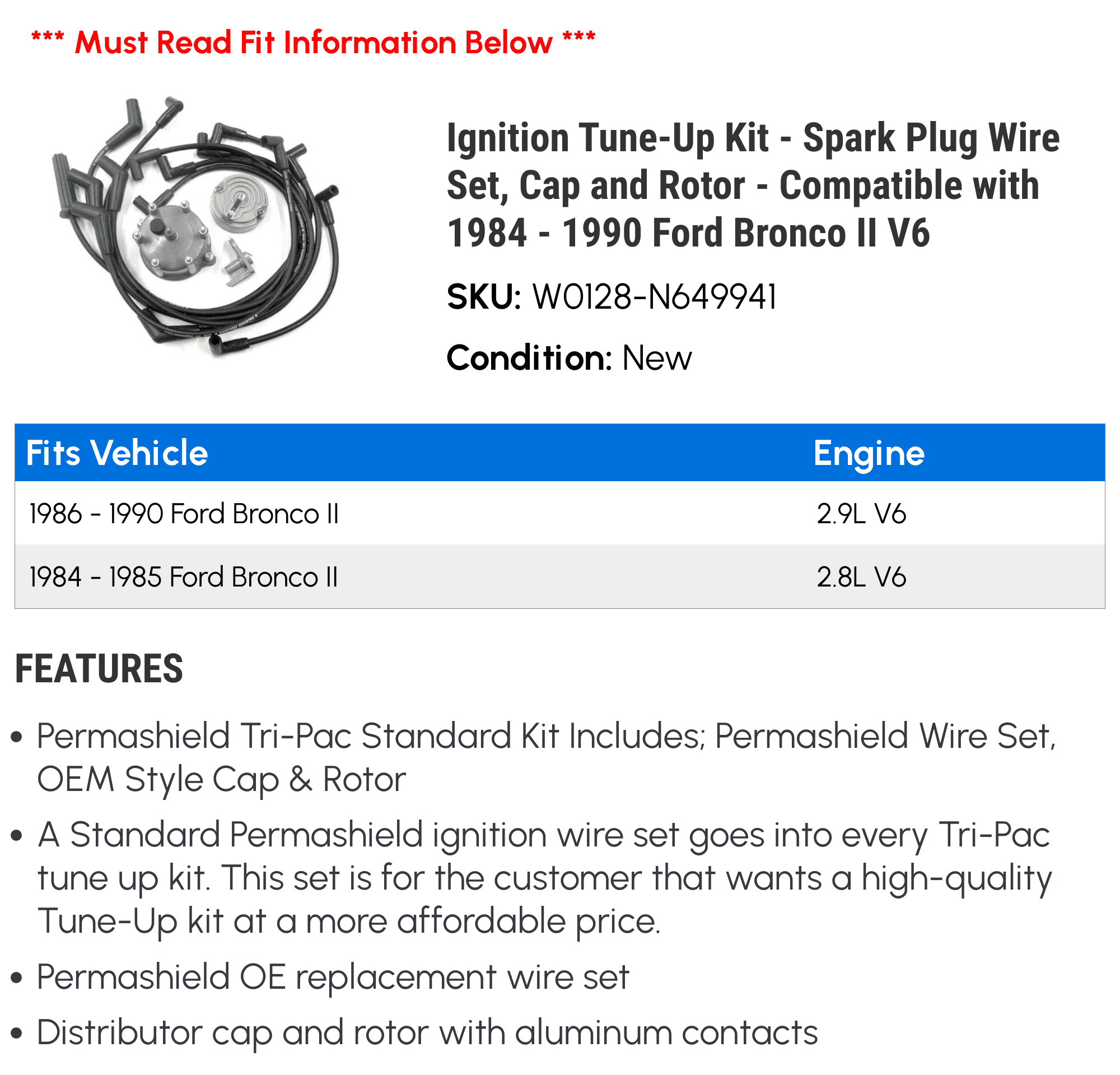 Ignition Tune-Up Kit - Spark Plug Wire Set, Cap and Rotor - Compatible with  1984 - 1990 Ford Bronco II V6 1985 1986 1987 1988 1989 - Walmart.com, image size:2000x1919