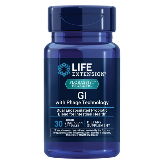 Life Extension FLORASSIST GI with Phage Technology, digestive health, probiotic support, nutrient absorption, 7 probiotic strains, bacteriophage blend, 30 liquid vegetarian capsules