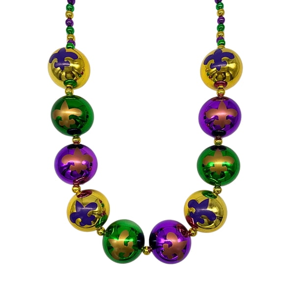 48" 60mm Fleur de Lis Print Purple, Green and Gold Balls Necklace