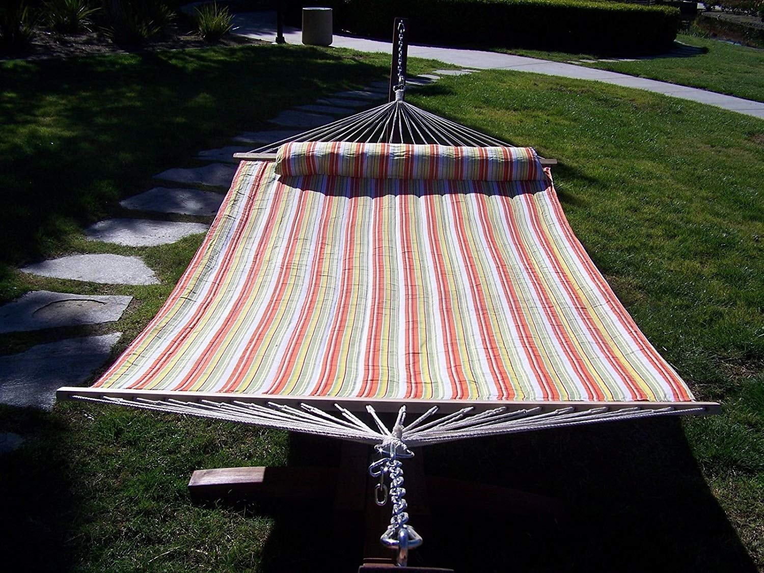 Petra Leisure 14 Ft. Coffee Stain Wooden Arc Hammock Stand + Deluxe Quilted Elegant Spring Stripe, Double Padded Hammock Bed w/Pillow. 2 Person Bed. 450 LB Capacity&nbsp;