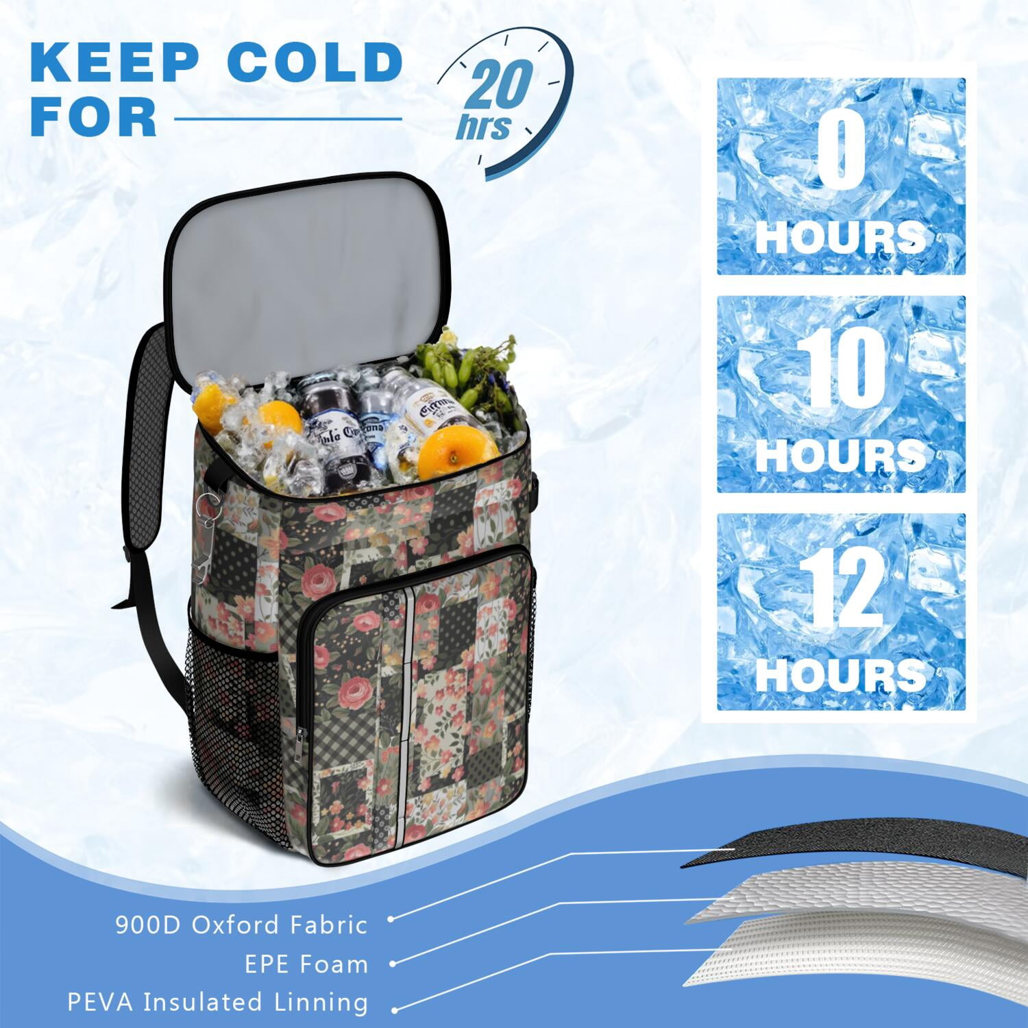 Travel Cooler Bag - Pioneer Flower Camping Beer Cooler Backpack with Bottle Opener- Waterproof Insulated Picnic Backpacks - Cooler Bag for Beach