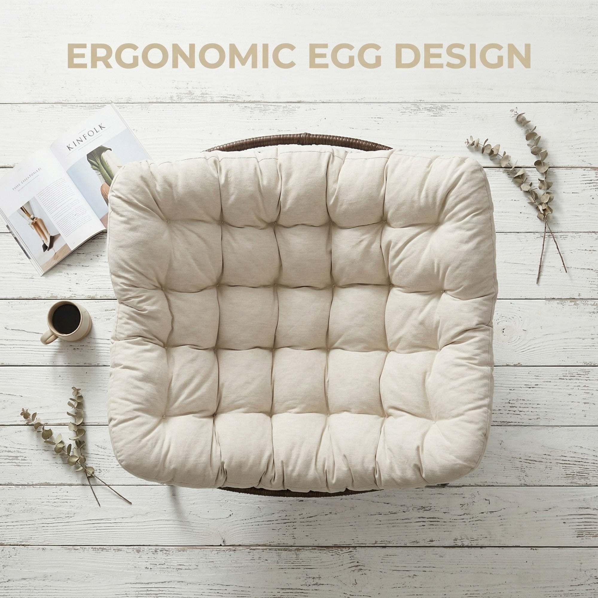 Outdoor Papasan Rocking Chair Oversized, Rattan Egg Rocker Chair with Padded Cushion, 400lbs Patio Wicker Rocking Chair for Living Room Porch Backyard, Beige