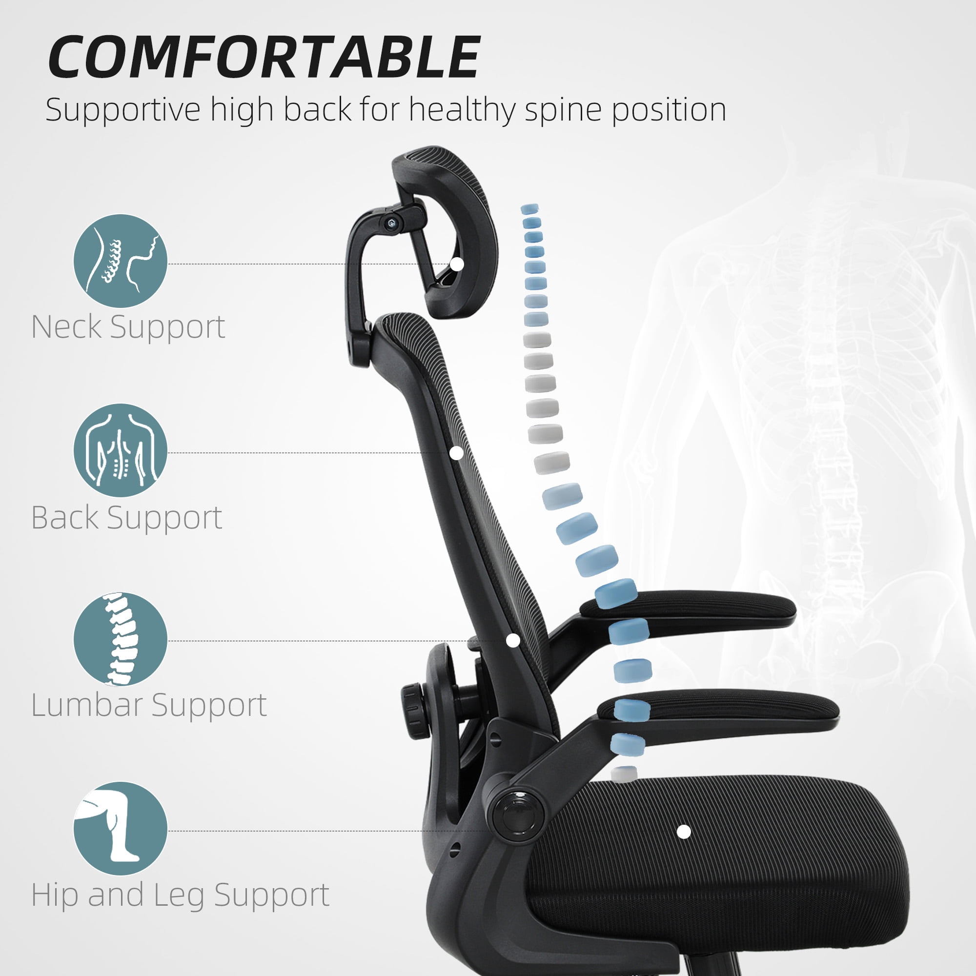 HOMCOM Ergonomic Office Chair with Flip-up Armrest, Adjustable Headrest and Lumbar Support, Mesh Desk Chair for Home Office, Black