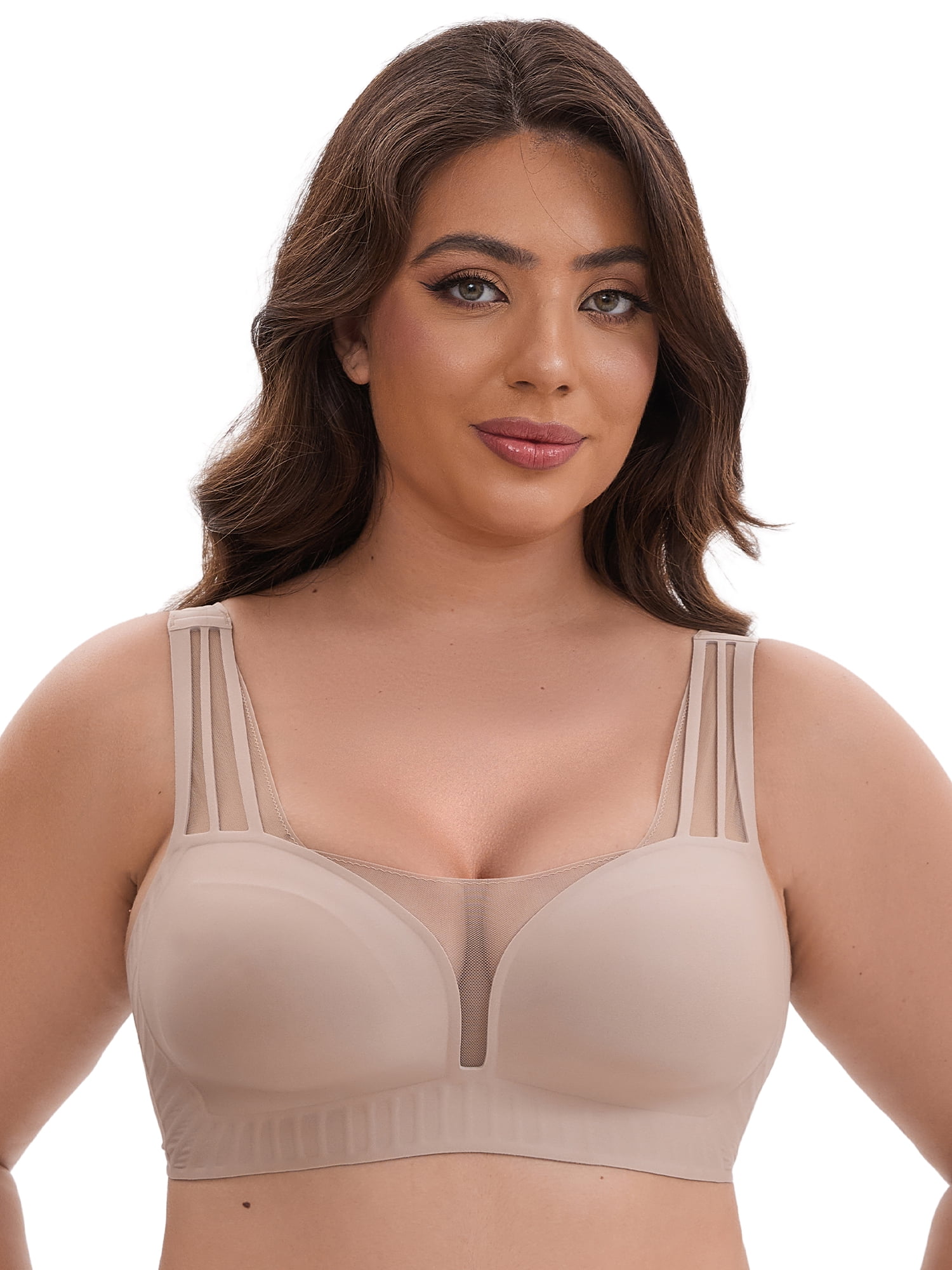 DARING DIVA Mesh Wireless Push Up Wide Straps V-Neck Lightweight Bra L Light Brown