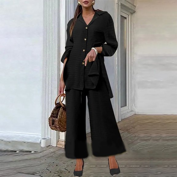 Hivin Women's Shirt and Pants Set,Solid Color Loose Fit with Pockets, Long Sleeve Turn-Down Collar for Casual Daily Wear