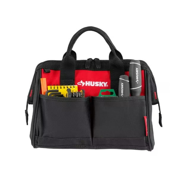 Husky 12-Inch Heavy-Duty Tool Bag with 4-Pocket Organization - 600D Water-Resistant Tool Case with Dual-Zippered Compartment