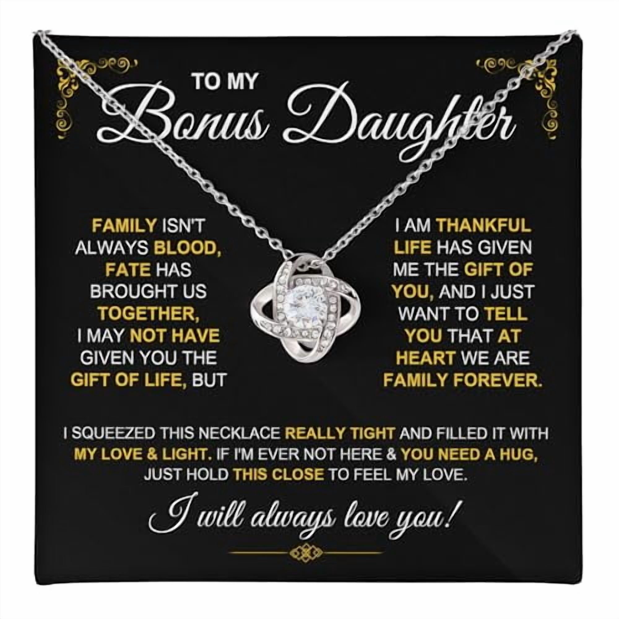 To My Bonus Daughter Necklace On Birthday Graduation, Jewelry Stepdaughter, Bonus Daughter From Stepdad Stepmom With Heartfelt Message And Box #8 #200, White Love Knot Necklace