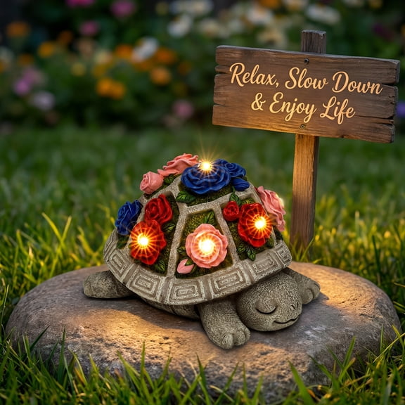 Turtle Garden Statue with Multi-Color Rose & 7 LED Lights, Outdoor Lawn Yard Patio Backyard Decor Art Gift