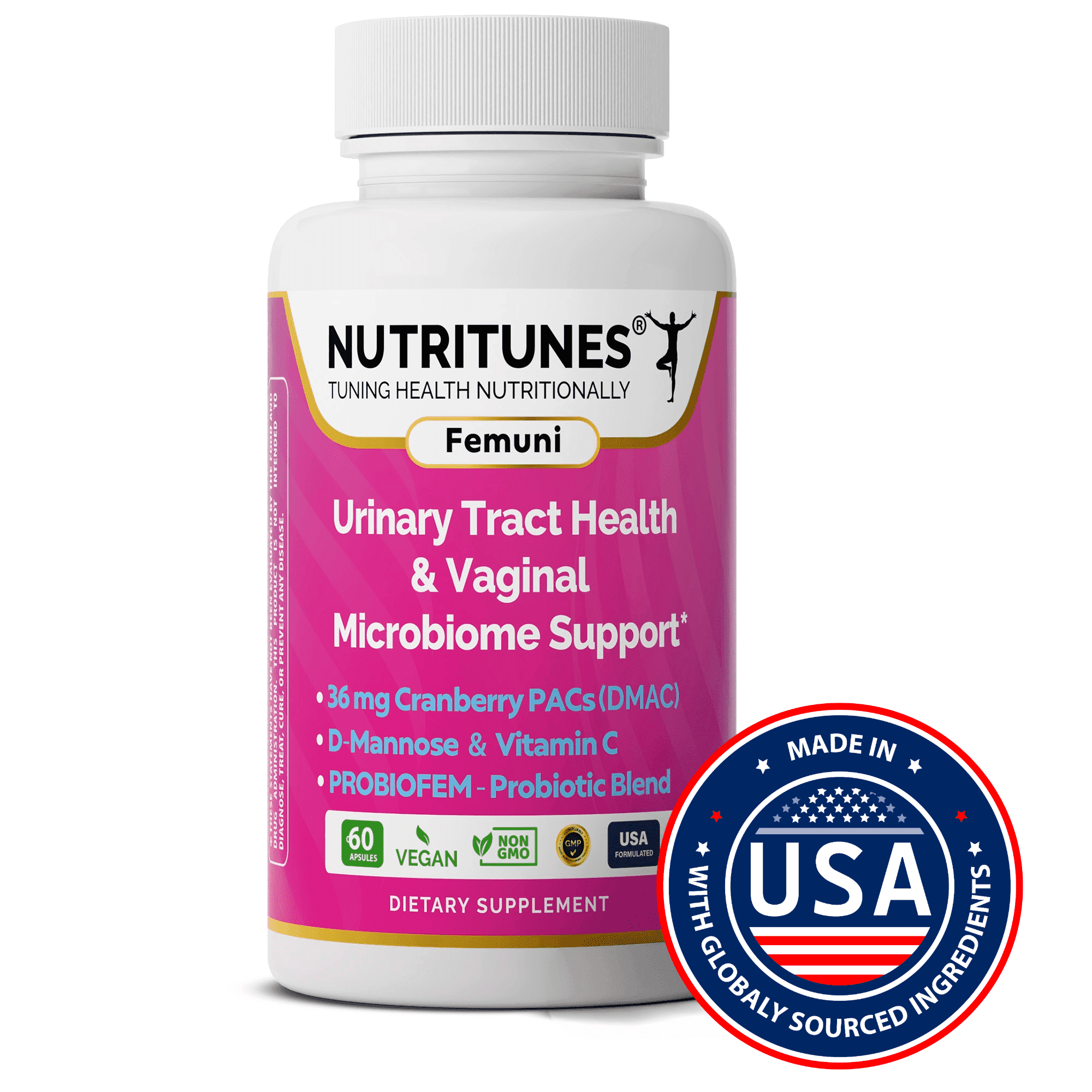 Femuni UTH Urinary Tract Health Supplement for Women – 36mg Cranberry PACs, D-Mannose, Probiotics & Vitamin C – Supports Urinary & Vaginal Health, pH Balance & Immune Support – 60 Capsules
