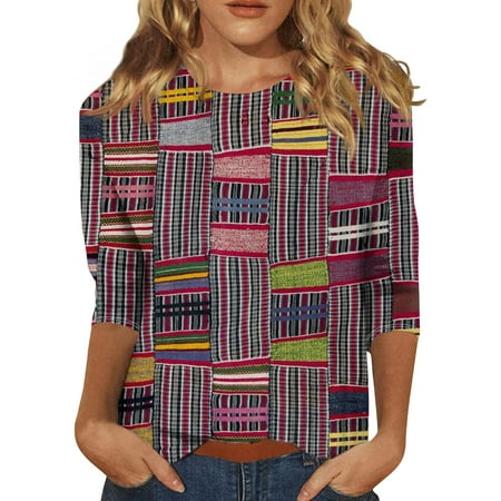 Kddylitq 3/4 Length Sleeve Womens Tops Plus Size 2024 Crew Neck Tunic Tops Casual 3/4 Sleeve Summer Shirts Geometric Loose Fit T Shirts Purple S