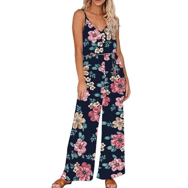 TRKIYQC Mono Sin Mangas para Mujer con Estampado Floral, Tirantes Ajustables Escote en V Profundo Cintura Alta Ropa de Verano TRKIYQC moda