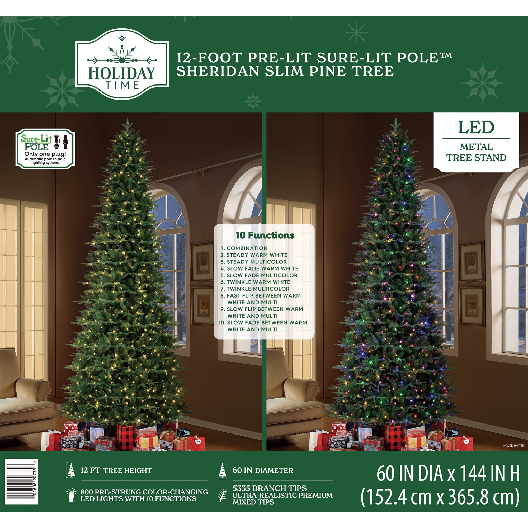 12ft Pre-Lit Sheridan Sure-Lit Pole Slim Pine Christmas Tree, 800 Color-Changing LED, Green, by Holiday Time