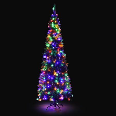 Costway 7.5ft Pre-Lit Hinged Artificial Pencil Christmas Tree with 350 ...