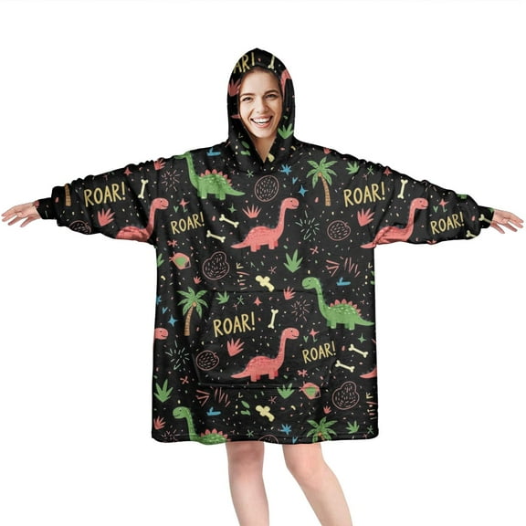 Wearable Oversized Blanket,Black Cartoon Dinosaurs Roar Pattern Wearable Blanket Hoodie for Adults,Cozy Hooded Blankets with Super Pockets,Super Warm Fuzzy Pullover for Women & Men