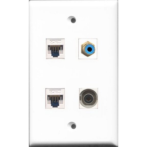 RiteAV 1 Port RCA Blue and 1 Port 3.5mm 2 Port Cat5e Ethernet White Wall Plate