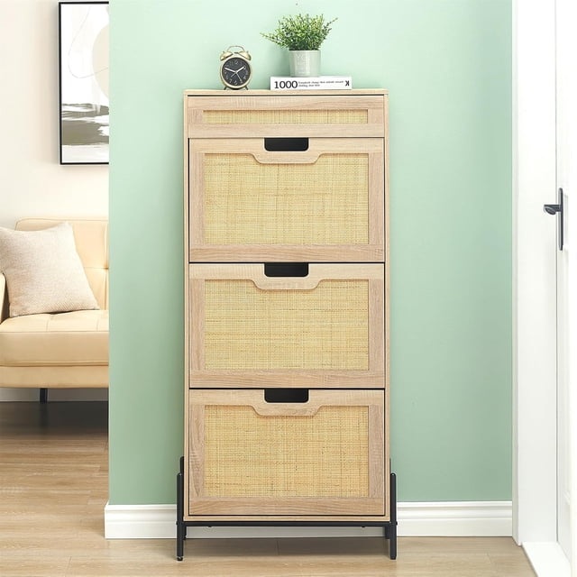 Qinaqin Organizador de Almacenamiento Natural Rattan 3 Vuelco Puerta Shoe Gabinete Moderno Rack con Cajón y 3-Tier Ajustable Shelves Freestanding para Entryway Oak