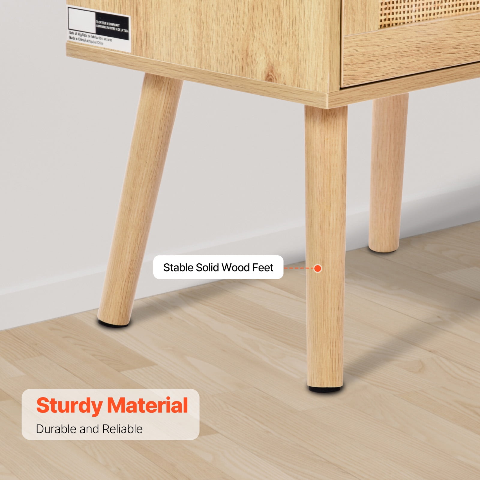 KFFKFF Wicker Nightstand, Chic Bedside Stand with Drawer and Open Shelf, Wooden End Table with Sturdy Wood Legs, Wicker Accent Table with Power Outlet, Suitable for Bedroom, Office & Lounge