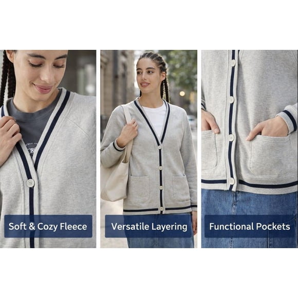 GAP Women's Fleece Cardigan, Grey with Navy Contrast Trim, Button Front, Long Sleeve, Front Pockets, Small