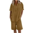 thumbnail image 3 of Womens Plus Size Linen Shorts Sets - 2 Piece Summer Outfits - Ladies Casual Button V-Neck Short Sleeve Shirts Tops and Elastic Waist Drawstring Bermuda Shorts Pants Sets, 3 of 4