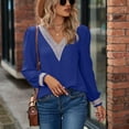 thumbnail image 4 of Pullover Lace Stitching V Neck Long Puff Sleeves Casual Comfortable Chiffon Women Top, 4 of 7