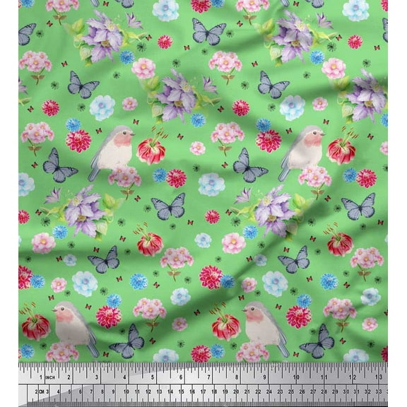 Soimoi Cotton Duck Fabric Butterfly,Robin & Dahlia Floral Printed Fabric 1 Yard 42 Inch Wide