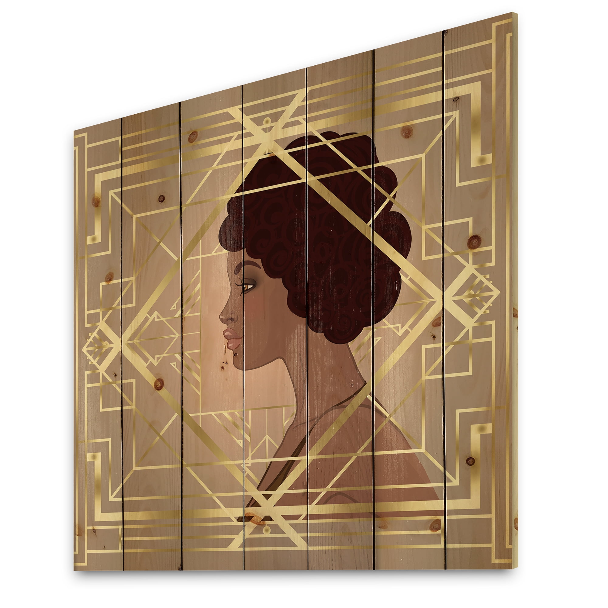 Designart 'Retro Girl In Golden Art Deco Geometrics II' Modern Print on Natural Pine Wood