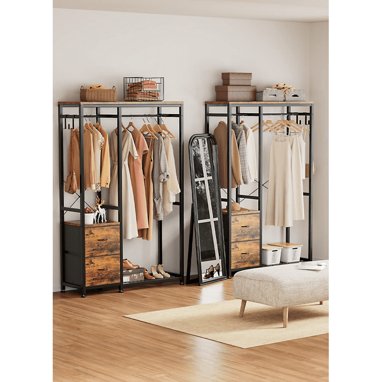 Closet Organization,Large Wardrobe Closet Storage With Lockable Wheels (2  Hanging Rods And 2 Side Hooks),47 L X 17 W X 80 H Inches,Black 