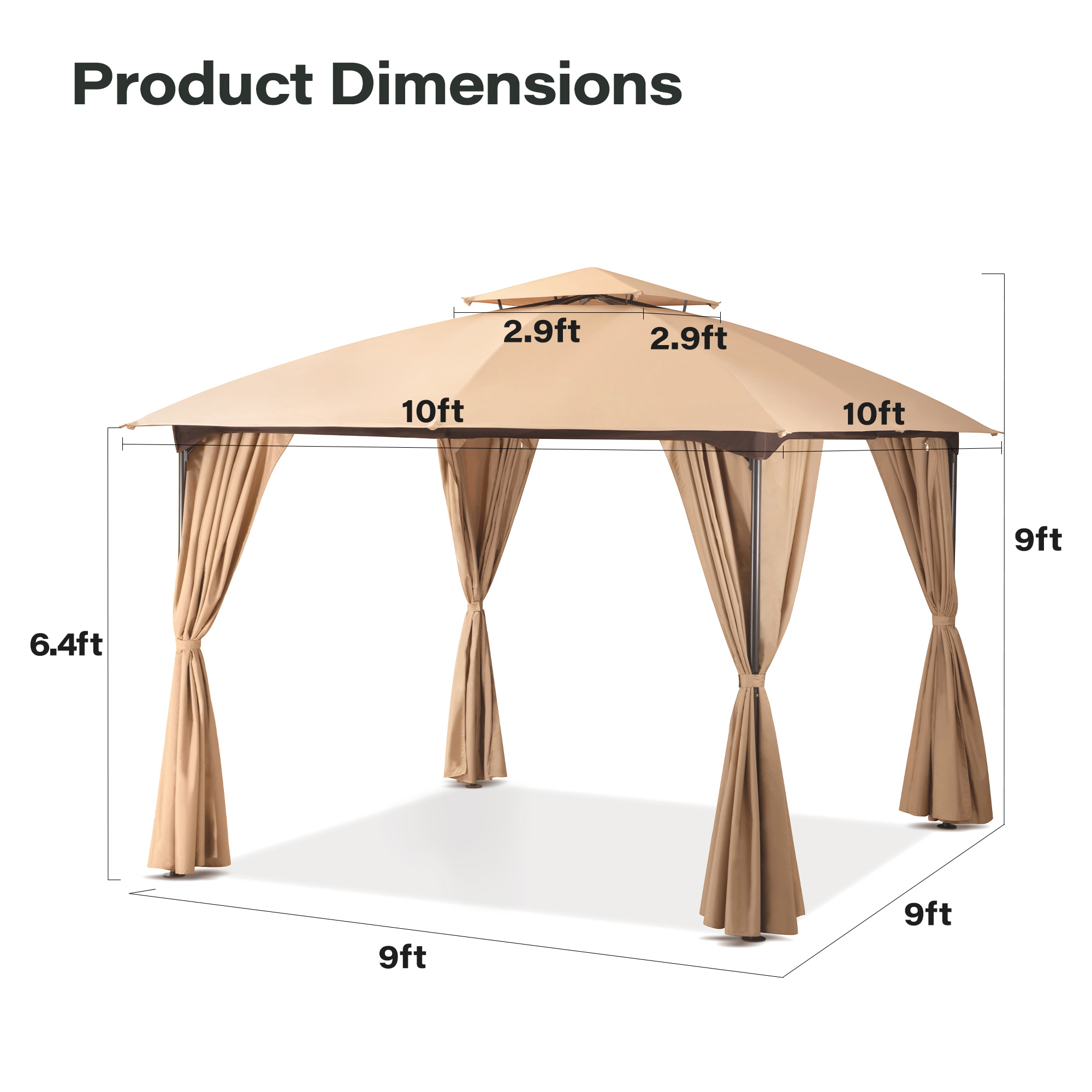 LAUSAINT HOME 10'x10' Patio Gazebo with Privacy Screens & Anchoring Kit, Outdoor Double Roof Metal Frame Gazebo in Khaki