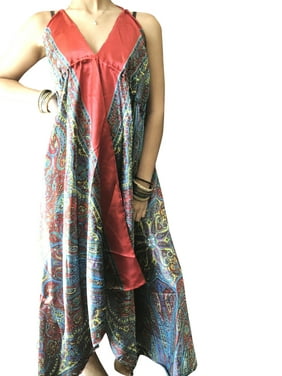 Womens Boho Strap Dress , Hi Low Maxi dresses, Red floral printed, Soft Satin Bohemian Beach Dress, One Size ML
