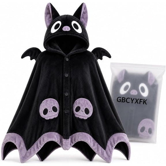 Halloween Blanket Bat Wearable Fleece Hoodie Cape for Cosplay Party | Gothic style hooded poncho, soft coral fleece material, versatile button design for lounging, cozy gifts for women men