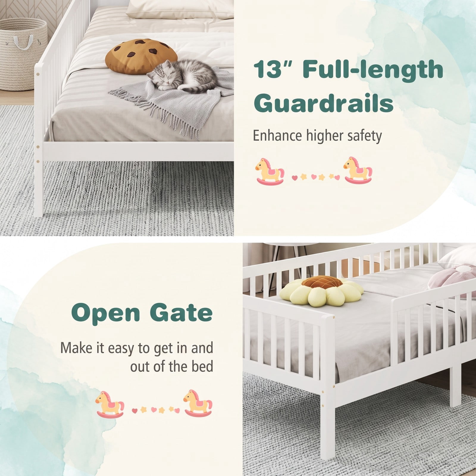 Furnibear Full Size Bed Frame Montessori Floor Bed with House Headboard and Storage Shelf and Guardrails for Kids Room, White