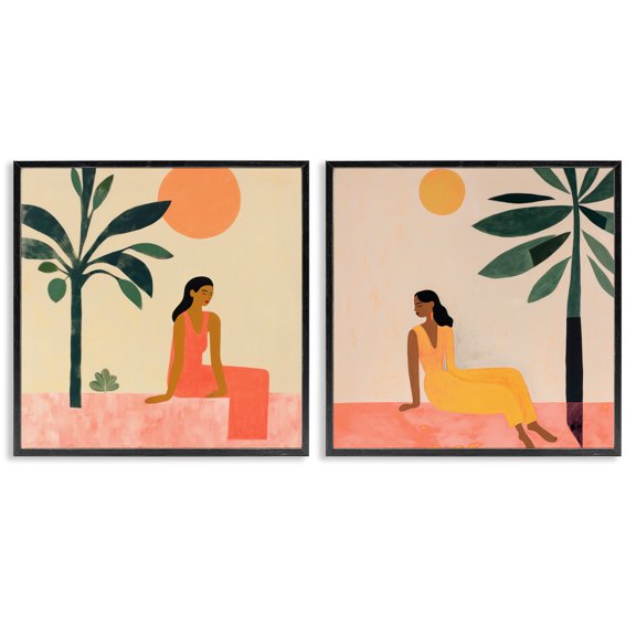 Stupell Industries Female Figure Resting Outdoors People Painting Black Framed Art Print Wall Art, 12 x 12, Set of 2