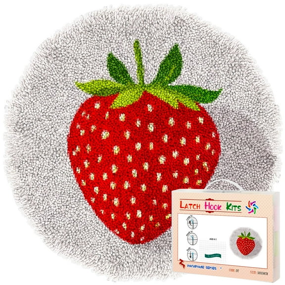 Latch Hook Rug Kit Red Strawberry Stamped Handmade Round Shape Carpet Crochet Yarn Craft DIY Hook and Latch Door Mat Tapestry for Home Floor Decor 50x50cm(2)