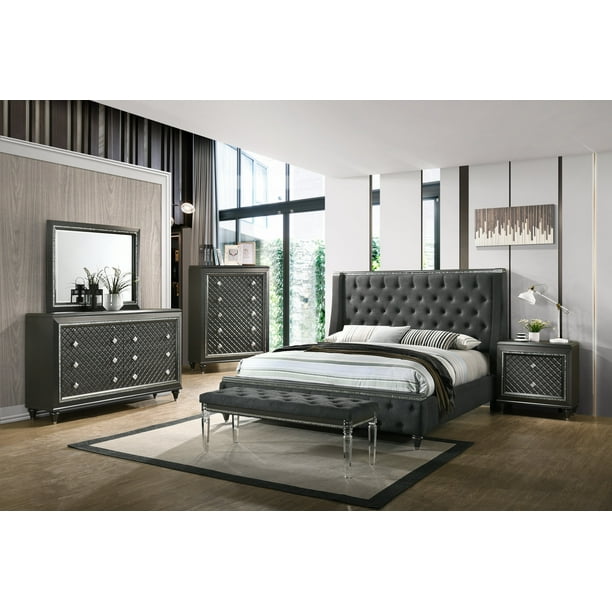 Contemporary 6pc King Size Bedroom Set Grey Upholstered Bed Dresser Mirror Nightstand Bench Furniture Com Contemporary 6pc King Size Bedroom Set, King Bed Set With Storage Bench