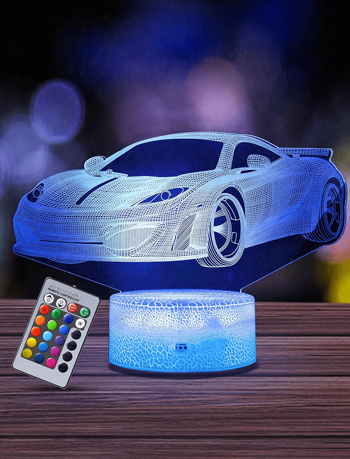 TIMPCV Race Car Night Light for Kids, 3D Illusion Night Lamp, 16 Colors