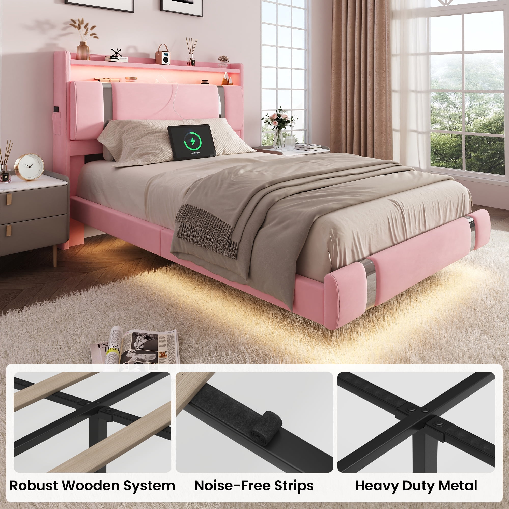 NEGYLIM Floating Bed Frame Twin Size with LED Lights, Easy to Assemble, Metal Platform Bed with Storage Headboard, No Box Spring Needed, Pink