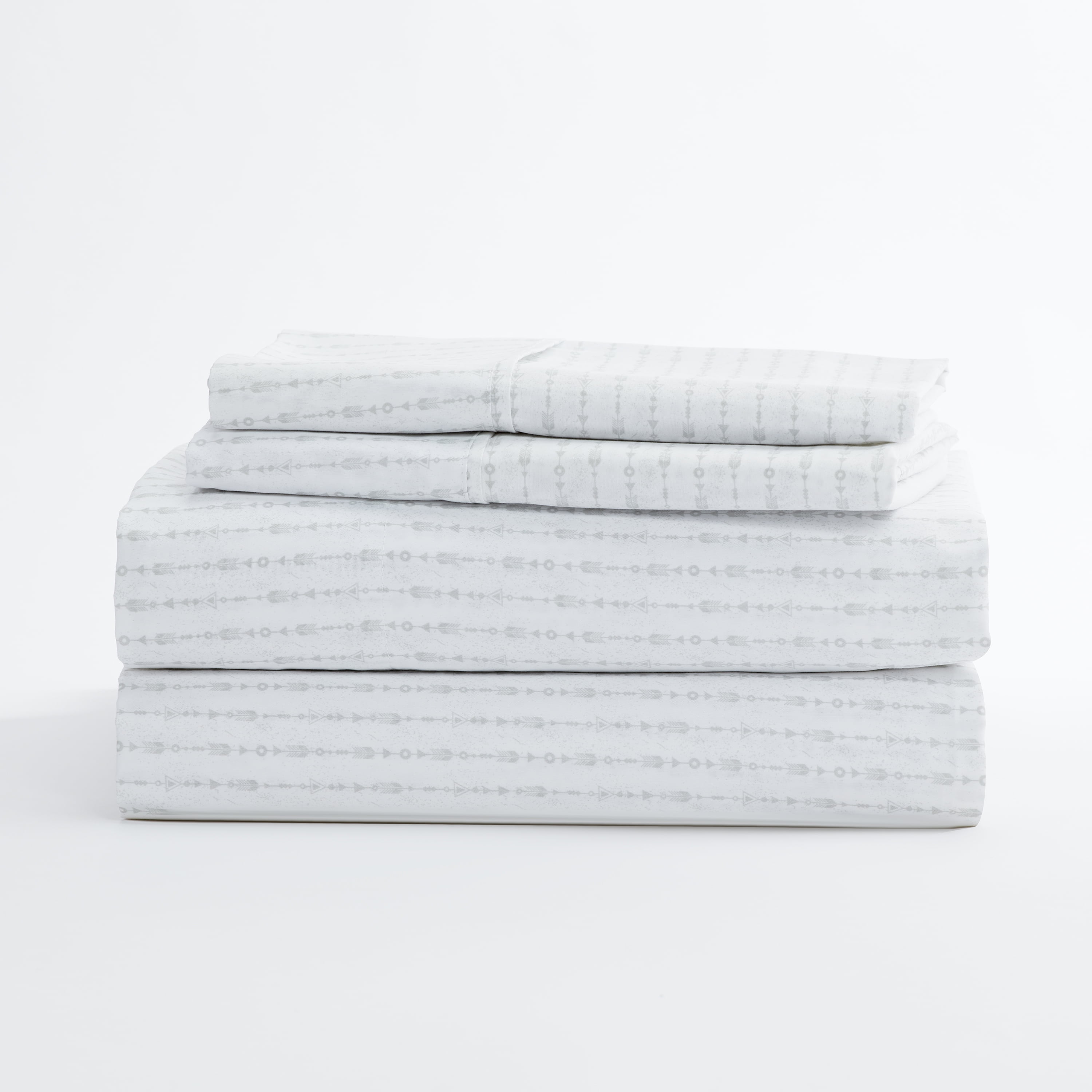 Noble Linens 4 Piece Pattern Microfiber Bed Sheets Set, Light Gray Beaded Arrows, California King