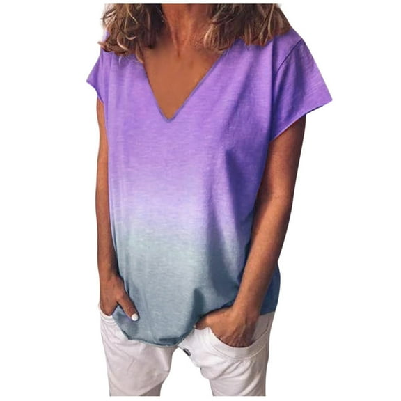 SELONE Plus Size Tops for Women Short Sleeve Tops Blouses Regular Fit T Shirts Pullover Tees Tops Gradient T-Shirts V Neck Tops Blouses T Shirts Easy Care Soft Breathable Pullover Tops Purple XXXL
