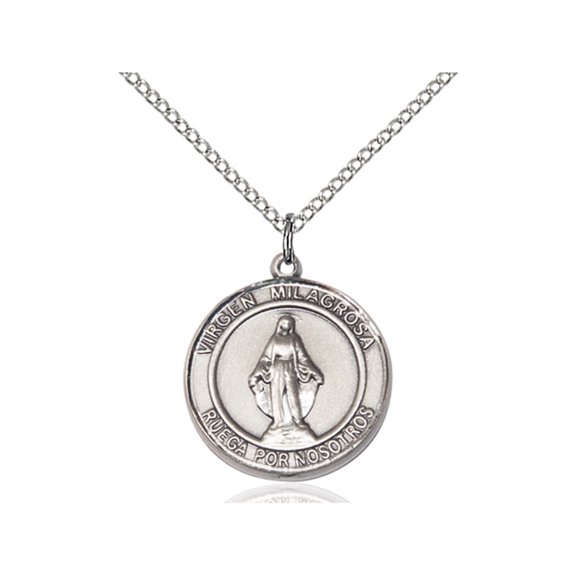 Sterling Silver Virgen Milagrosa Pendant 3/4 x 5/8 inches with 18 inch Sterling Silver Curb Chain