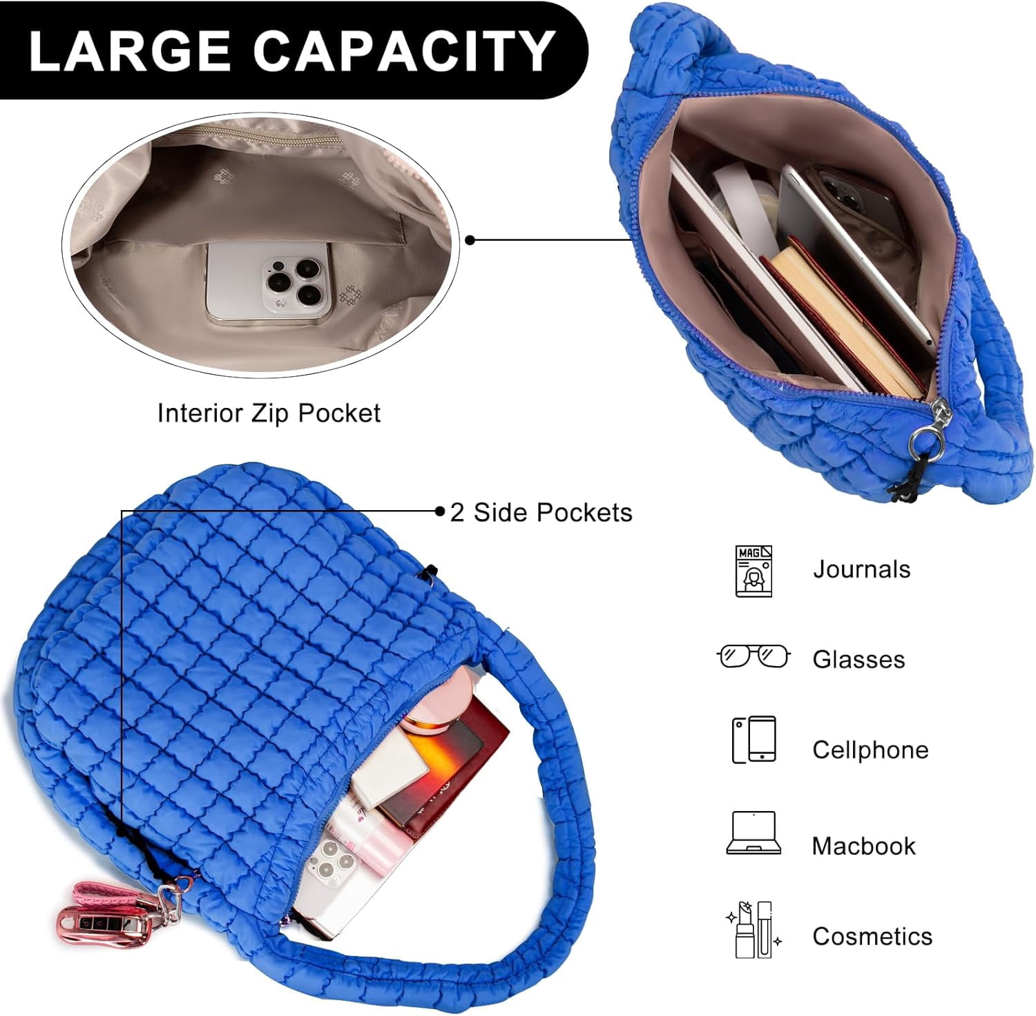 Kwuty Puffer Tote Bag for Women Large Quilted Puffy Lightweight Carryall Crossbody Tote Bag for Women