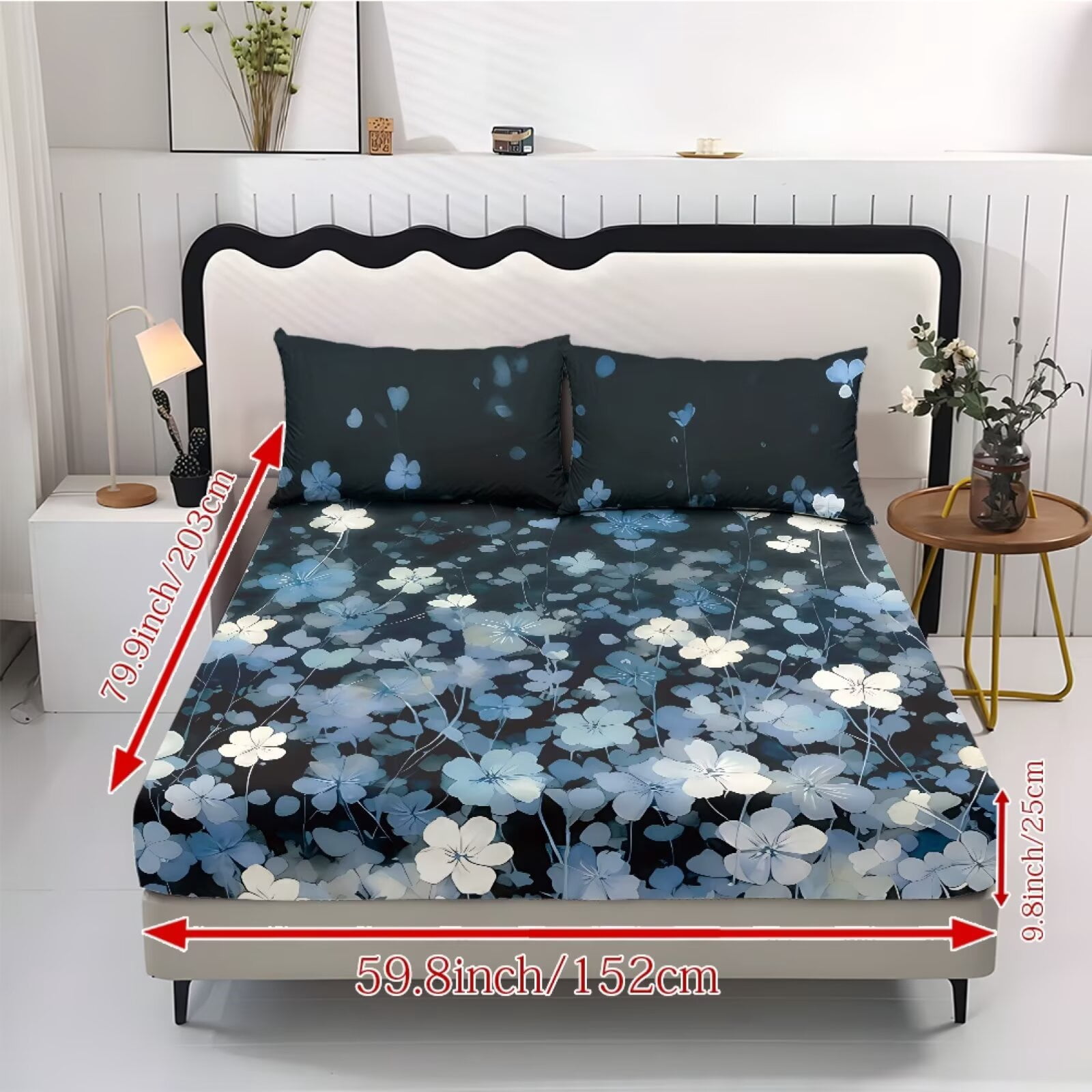 ZIATUBLES Twin Sheet Set, 3 PCS Black Wildfloral Printed Soft Cozy Bed Sheet Set, Breathable 9.8" Standard Pocket, Easy Care Bedding for ‌All-Season Use(1 Fitted Sheet, 2 Pillowcase)