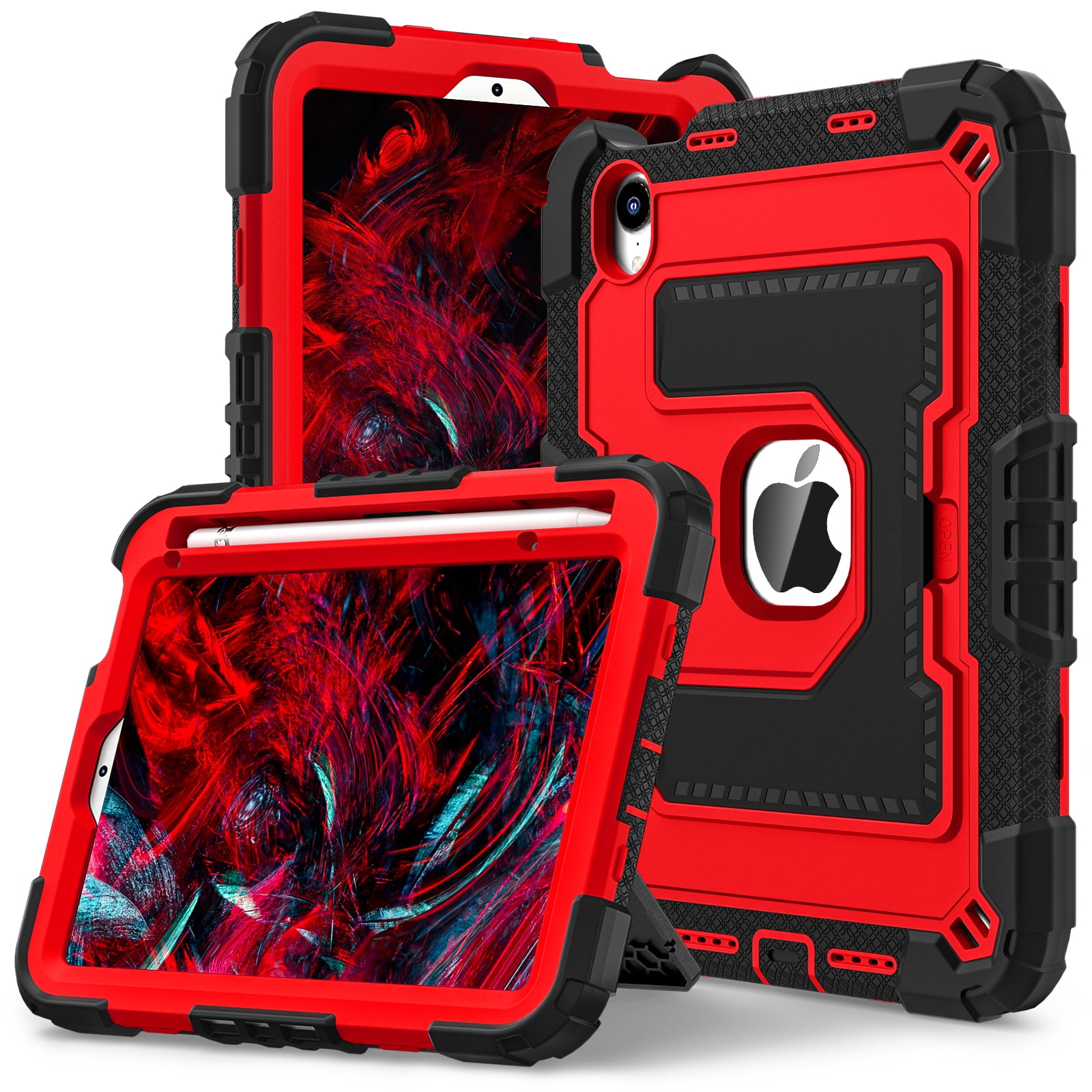 Dteck Case for iPad Mini 7 (A17 Pro) 2024 / Mini 6 2021 8.3 inch,Heavy Duty Kickstand Case with Shoulder Strap Shockproof Rugged Cover Built-in Pencil Holder for Pad Mini 7th/6th Gen 8.3",Black+Red